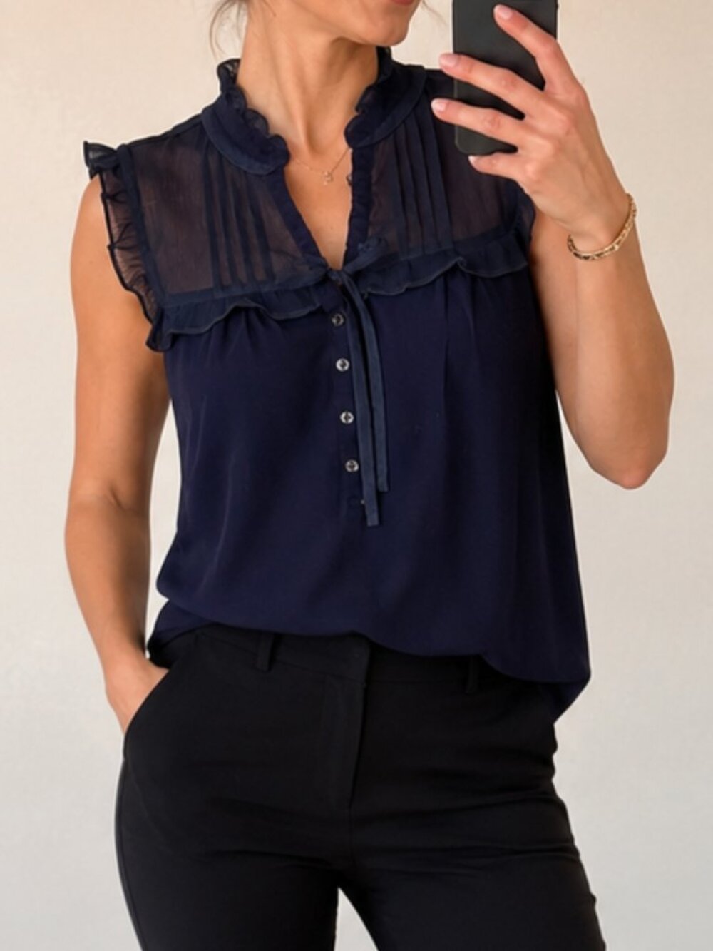 Susina Women's Sleeveless Navy Blue Gray Ruffle Sheer Yoke Blouse Size M